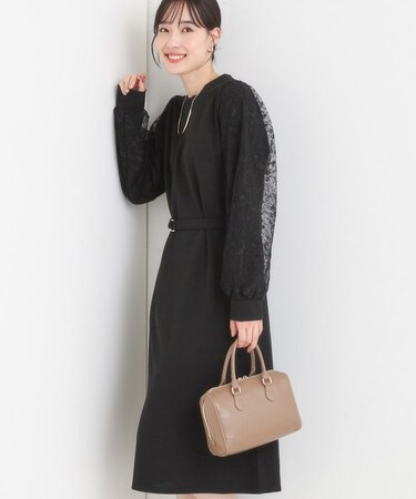 袖チュールレース切り替えワンピース