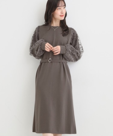 【S-LL】お袖チュールレース切り替えワンピース