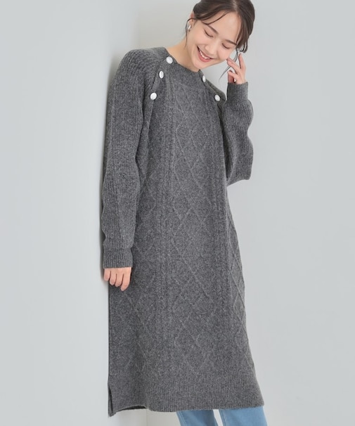 【着丈選べる】ケーブル柄 ミックスニットワンピース