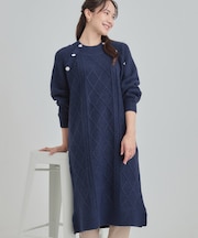 【着丈選べる】ケーブル柄 ミックスニットワンピース