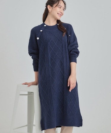【着丈選べる】ケーブル柄 ミックスニットワンピース