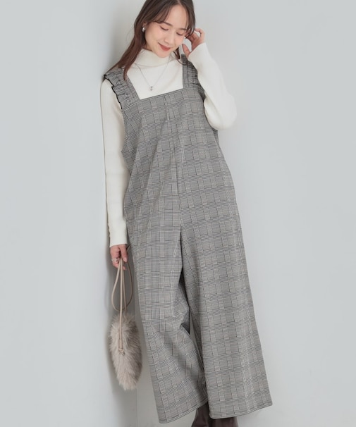 チェック柄フリルサロペット