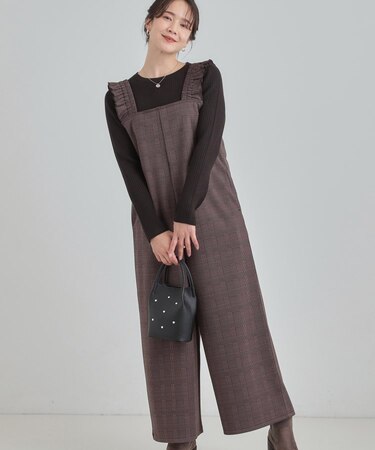 チェック柄フリルサロペット