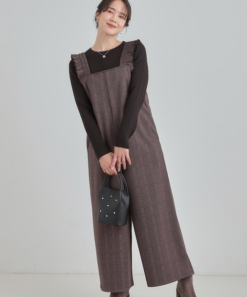 チェック柄フリルサロペット