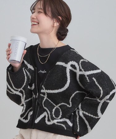 【洗濯機可】柄アソート VネックZIPカーディガン