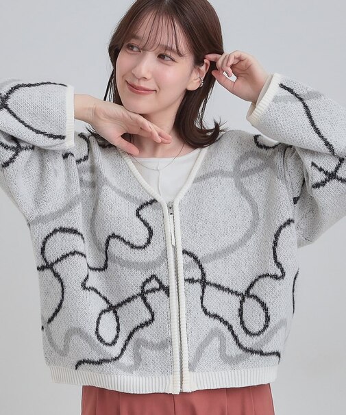 【洗濯機可】柄アソート VネックZIPカーディガン