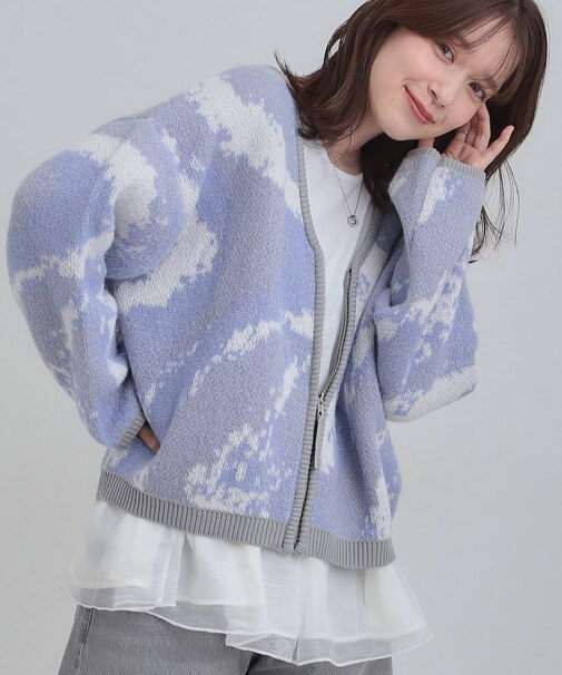 【洗濯機可】柄アソート VネックZIPカーディガン