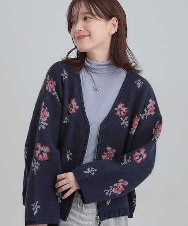 【洗濯機可】柄アソート VネックZIPカーディガン