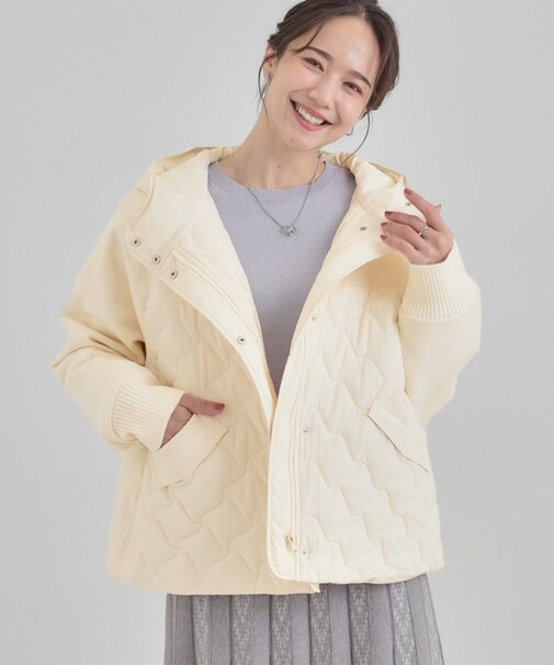 【S-LL】異素材使いが目を惹く キルトフードブルゾン