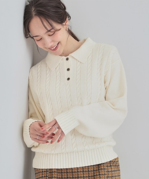 衿付きケーブルニット