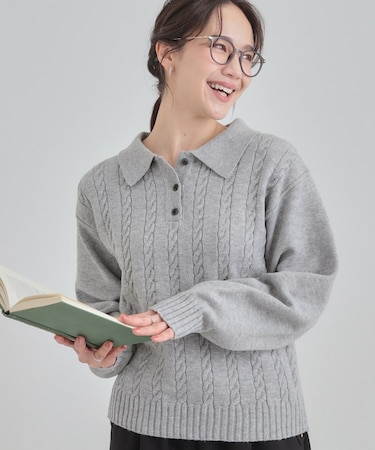 【S-LL】配色ボタンがポイント 襟付きケーブルニット