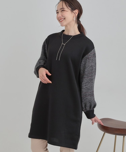 【S-LL/あったか】お袖チェック裏起毛チュニック