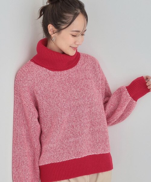 S-LL】さりげないラメ感 配色ジャカード タートルネックニット
