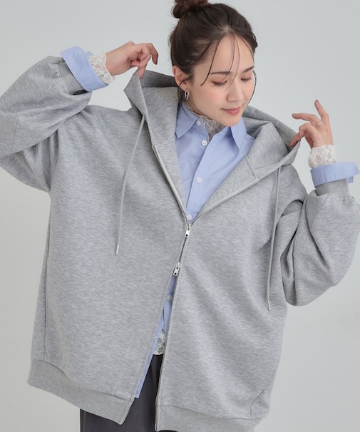 【セットアップ可/なめらかタッチ】ダブルジップでおしゃれ見え オーバーサイズゆるパーカ