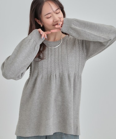 【S-LL】気になるお腹周りをカバー ケーブル編みペプラムニット