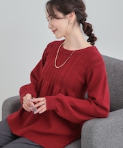 【S-LL】気になるお腹周りをカバー ケーブル編みペプラムニット