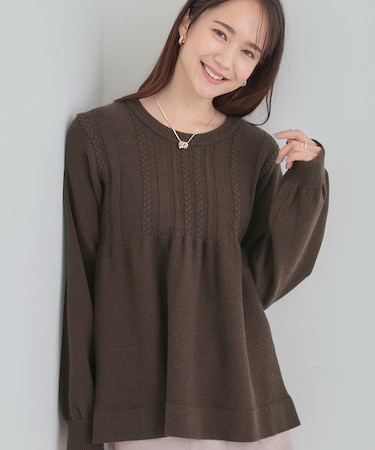 【S-LL】気になるお腹周りをカバー ケーブル編みペプラムニット