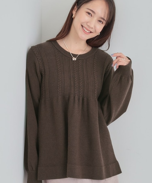 【S-LL】気になるお腹周りをカバー ケーブル編みペプラムニット