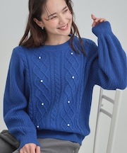 フェイクパールで上品見え ケーブルパール調ニット