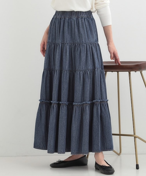 【ライトオンスデニム/S-LL】女性らしさをプラスする ティアードデニムロングスカート