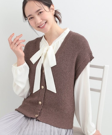 【S-LL/洗濯機可】気軽にレイヤード ざっくり前開きニットベスト