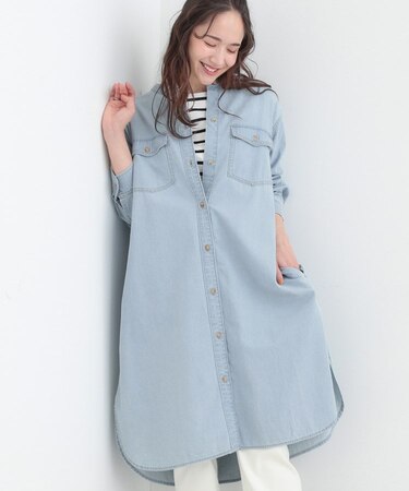 【ライトオンスデニム/S-LL】体型カバーにも ロングデニムシャツワンピース