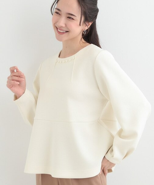 【S-LL/なめらかタッチ】 フェイクパール付きペプラムトップス