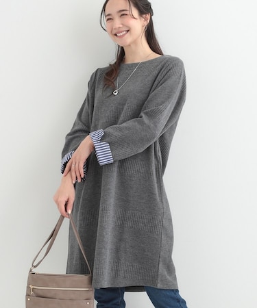 【体型カバー/洗濯機可/S-LL】お袖ストライプAラインチュニック