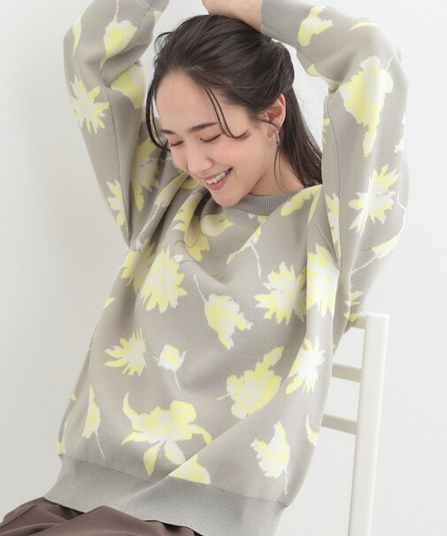 【洗濯機可/S-LL】ゆるシルエット フラワー柄スポンディッシュニット