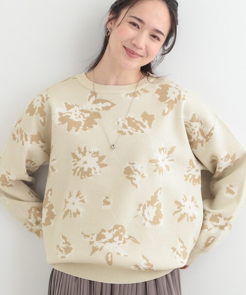【洗濯機可/S-LL】ゆるシルエット フラワー柄スポンディッシュニット