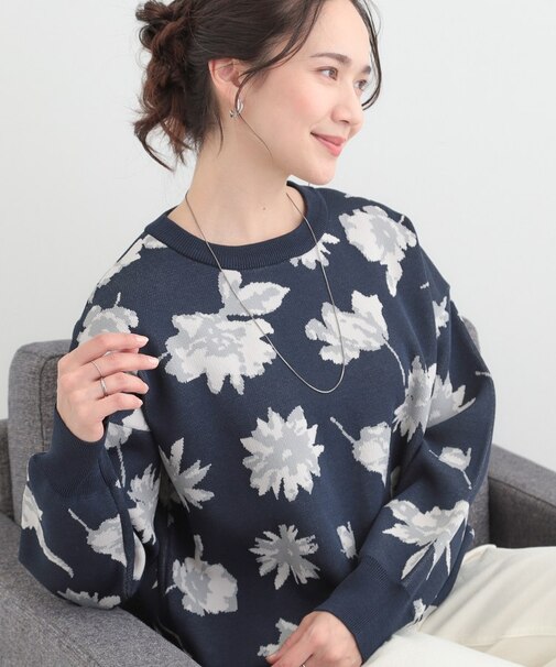 【洗濯機可/S-LL】ゆるシルエット フラワー柄スポンディッシュニット