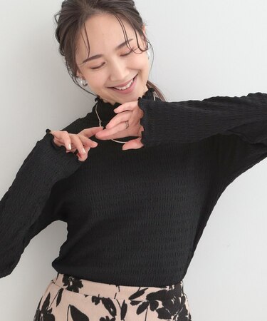 【洗濯機可/S-LL】レイヤードスタイルにも ぽこぽこジャカード ハイネックトップス