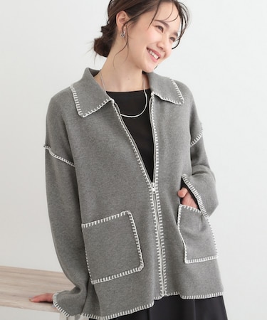 ステッチ衿付きジップニットカーディガン