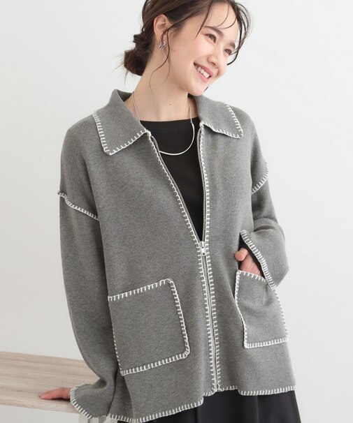 ステッチ衿付きジップニットカーディガン