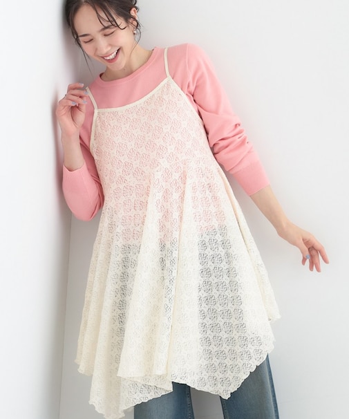 【前後2WAYネック】レイヤードスタイルにおすすめ レースキャミチュニック