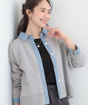 デニム切替でこなれ顔 金ボタン ニットカーディガン
