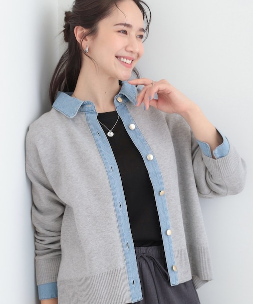 デニム切替でこなれ顔 金ボタン ニットカーディガン
