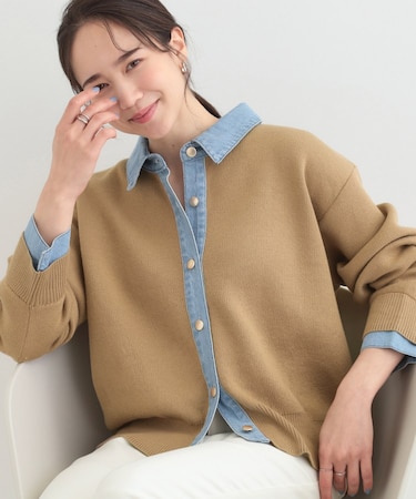 デニム切替でこなれ顔 金ボタン ニットカーディガン