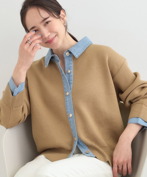 デニム切替でこなれ顔 金ボタン ニットカーディガン