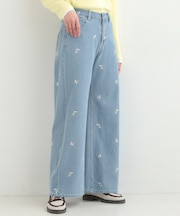 【洗濯機可/S-LL】フラワー刺繍が女性らしさをプラス バギーデニムパンツ