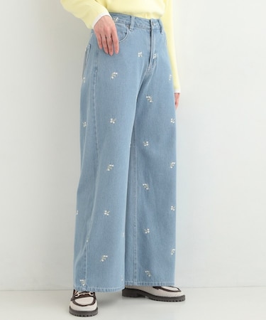 【洗濯機可/S-LL】フラワー刺繍が女性らしさをプラス バギーデニムパンツ