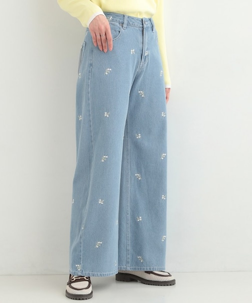 【洗濯機可/S-LL】フラワー刺繍が女性らしさをプラス バギーデニムパンツ