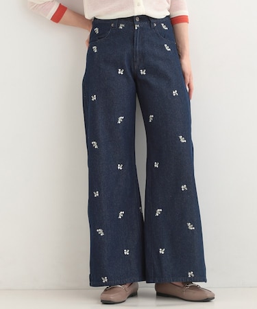 【洗濯機可/S-LL】フラワー刺繍が女性らしさをプラス バギーデニムパンツ