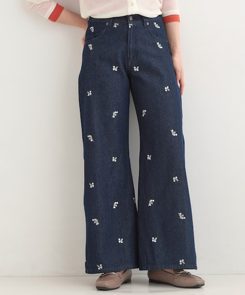 【洗濯機可/S-LL】フラワー刺繍が女性らしさをプラス バギーデニムパンツ