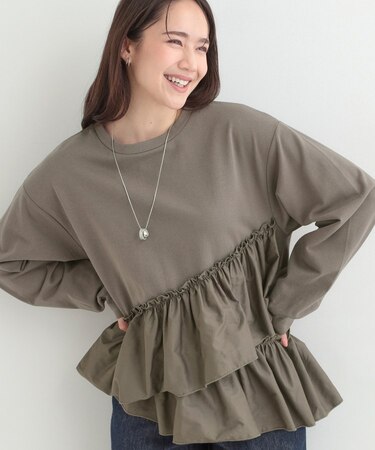 【洗濯機可】ほんのり甘い アシンメトリーフリルの上品トップス