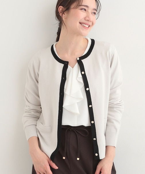 【洗濯機可/S-LL/アンサンブル可】配色クルーニットカーディガン