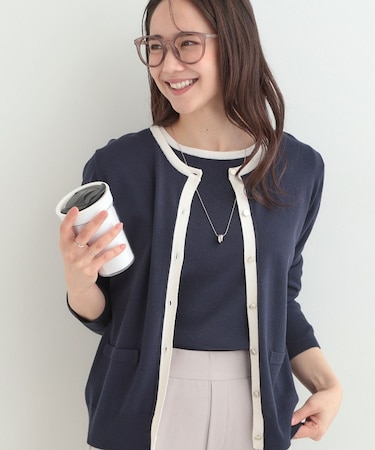 【洗濯機可/S-LL/アンサンブル可】配色クルーニットカーディガン