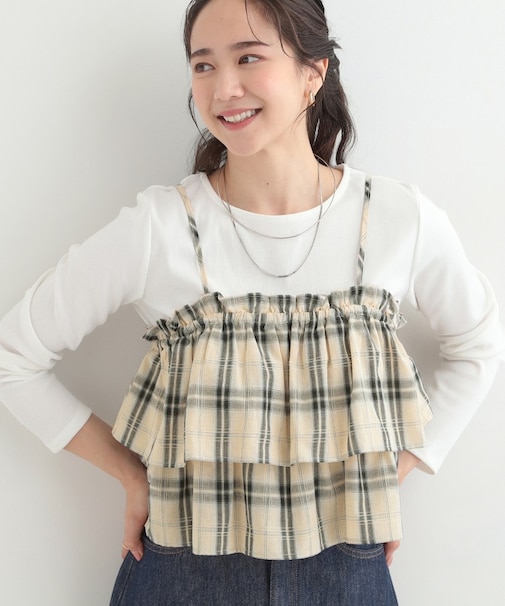 【2点セット】チェック柄フリルキャミビスチェ×テレコロンT