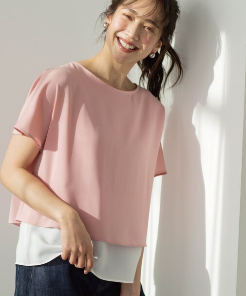 【洗濯機可/体型カバー】1枚でサマ見え バイカラーレイヤードブラウス