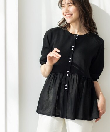 七分袖ペプラムニットカーディガン